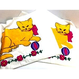 Set of 2 Vintage Yellow Cat Punch Stitch Handmade Pillow Cases